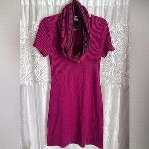 NWOT Hot pink Midi Knitted Sweater Dress with removable matching Scarf